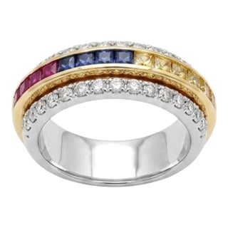 18k Gold Multi Sapphire 2.1ct & Diamond 1.49ct Cocktail Ring, New For Sale