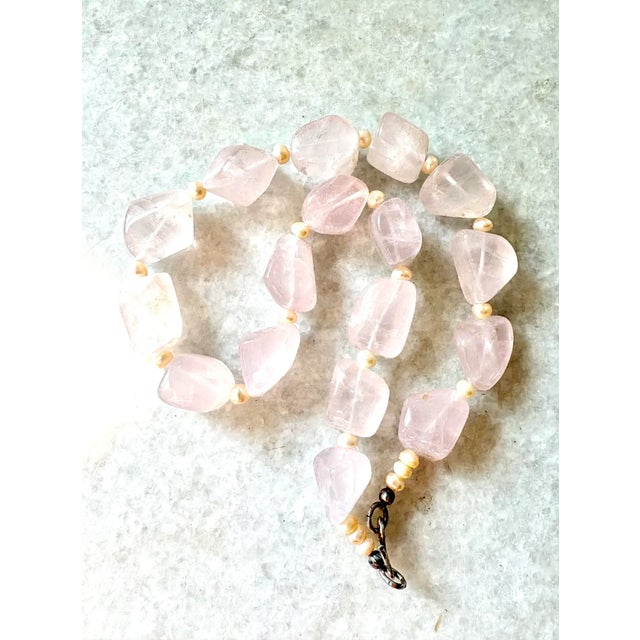 Contemporary Chunky 18" Vintage Rose Quartz Beaded Necklace With Freshwater Pearl Spacers and Sterling Silver Clasp For Sale - Image 3 of 4