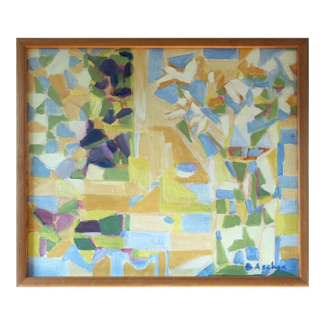 Mid-Century Modern 'Windowlight Mosaic' Vintage Swedish Abstract Oil Painting, Framed For Sale