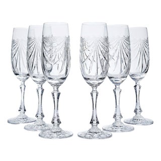 Vintage Hand-Cut Lorraine Crystal Champagne Flutes, 1960s, Set of 6 For Sale