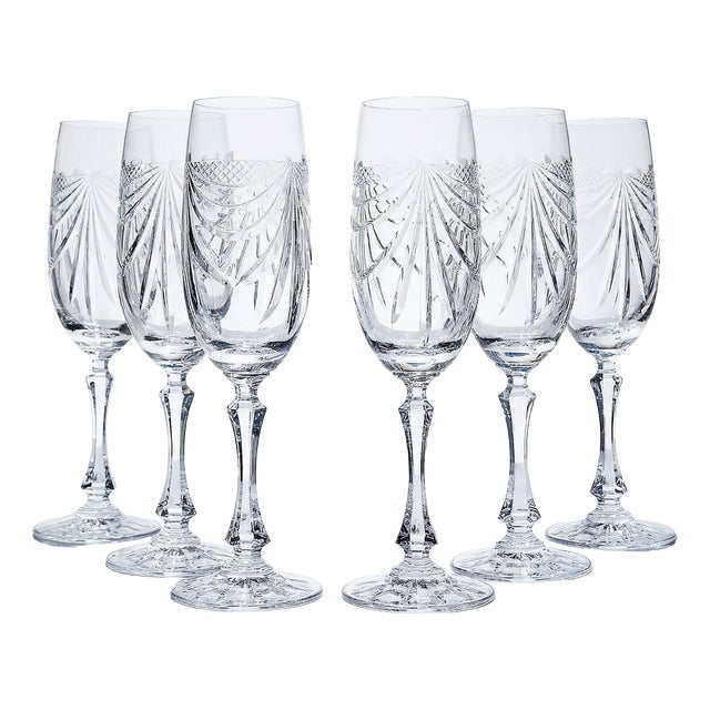 Vintage Hand-Cut Lorraine Crystal Champagne Flutes, 1960s, Set of 6 For Sale