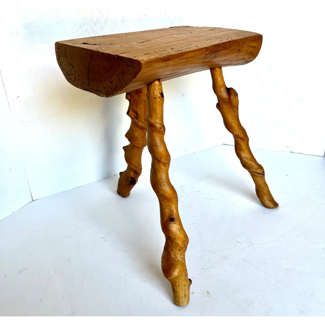 Rustic European Mid-Century Brutalist Handcrafted French Twisted Splay Leg Fruit Wood Stool For Sale - Image 3 of 14
