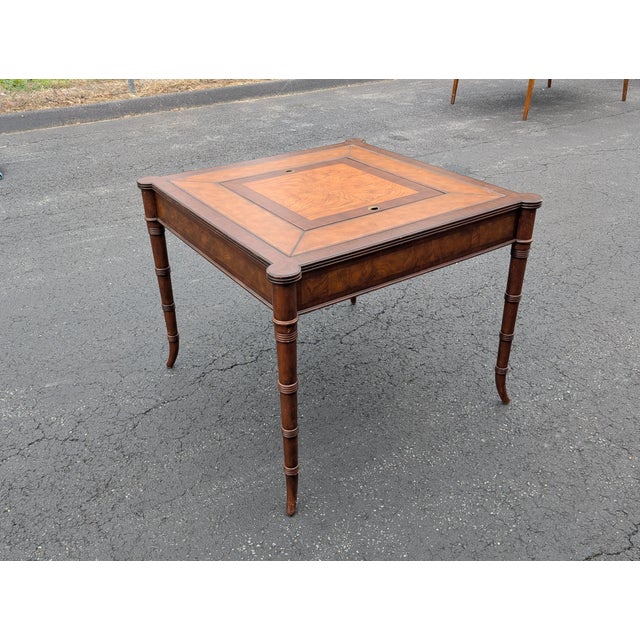 Mid 20th Century Ethan Allen Hollywood Regency Inlaid Leather Game Table With Cane-Cut Legs For Sale - Image 13 of 14