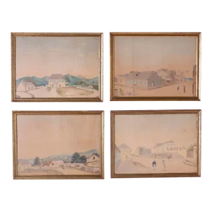 Set of Four Rare Folky Watercolor Drawings on Paper by l.j. Harboe