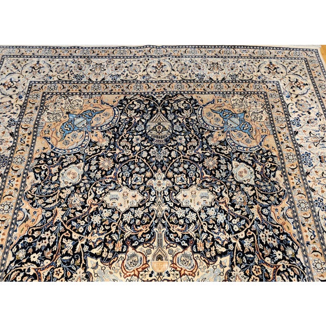 Vintage Persian Nain Area Rug, Hand-Knotted Wool & Silk, Floral Pattern, 9x13, Navy & Ivory For Sale - Image 11 of 18