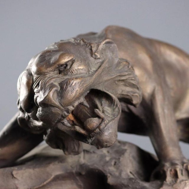 Modern Bronze Feline Figurine with Wooden Base For Sale - Image 3 of 10