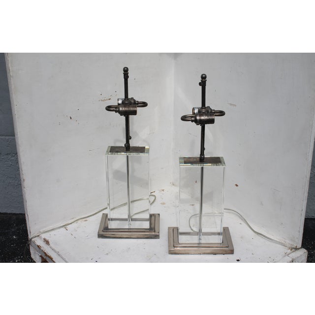 Pair 1970's Italian Modern Solid Glass Block W/ Silver Detailed Heavy Table Lamps For Sale - Image 4 of 10