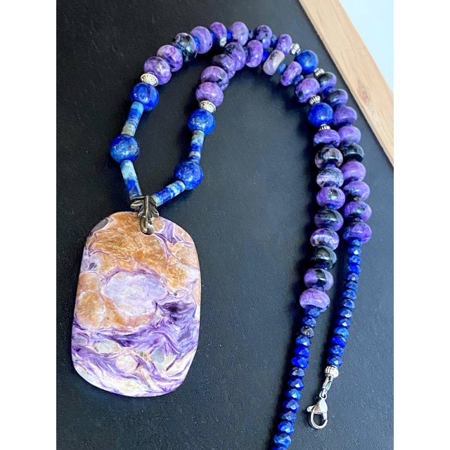 Statement Charoite and Lapis Lazuli Necklace With Sculptural Charoite Pendant a Wearable Work of Art For Sale - Image 14 of 18