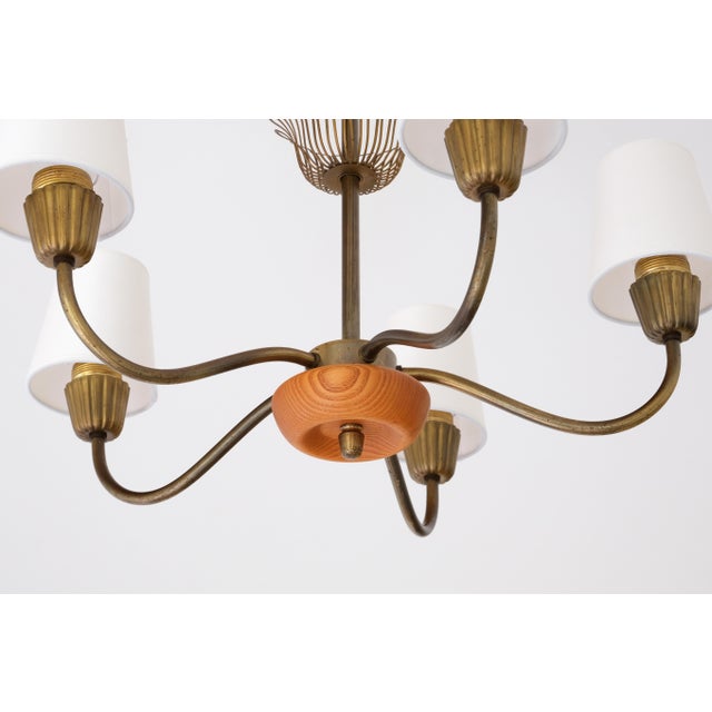 Swedish Modern Brass, Oak and Silk Five Arm Chandelier from ASEA, Sweden, 1950s For Sale - Image 9 of 14