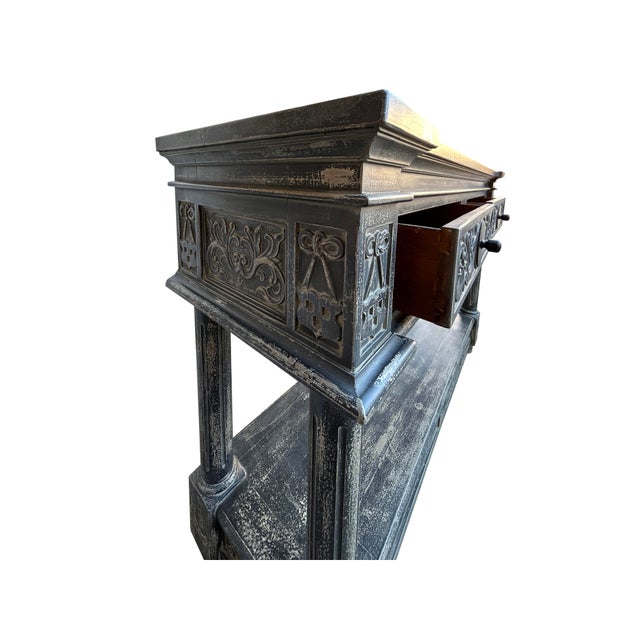Distressed Black Gray Relief Floral Motif Tall Credenza Console Cabinet For Sale - Image 9 of 9