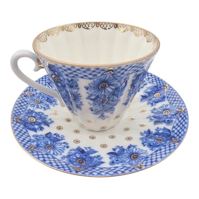 1990s Lomonosov Bridesmaid Basket Cobalt Porcelain Teacup and Saucer For Sale