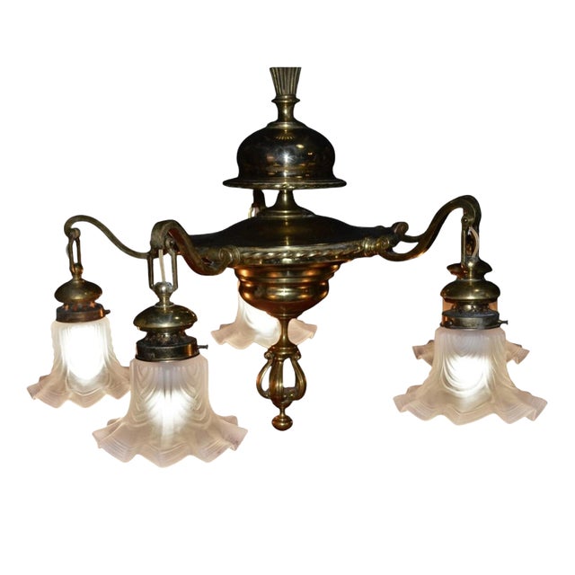 Art Deco French Brass Five-Light Chandelier with Opaline Glass Shades, 1920s For Sale