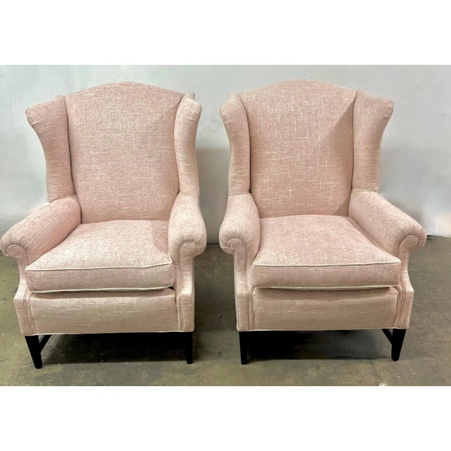 Late 20th Century Georgian Style Wingback Chairs Upholstered in Linen - A Pair For Sale - Image 9 of 9