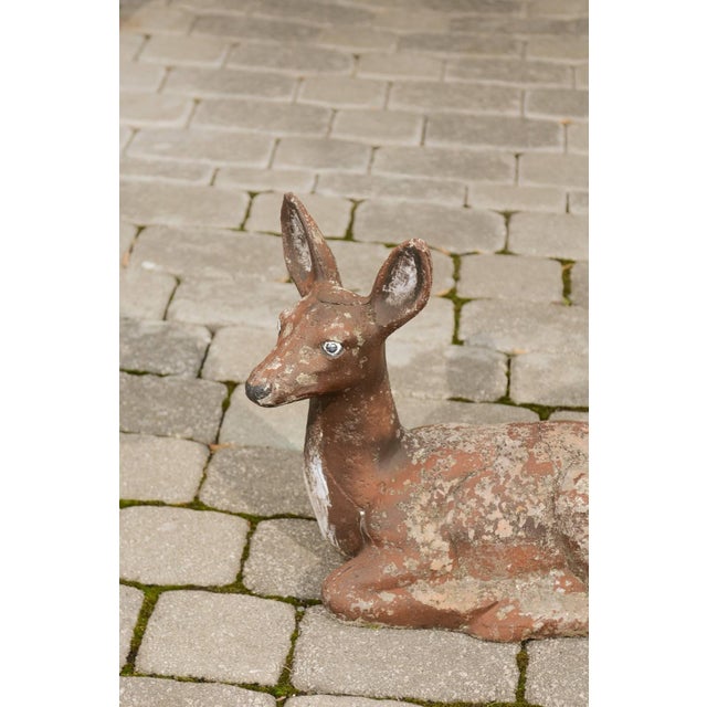 1950s French Vintage Seated Deer Painted Sculpture Cast in Reconstituted Stone For Sale - Image 4 of 8