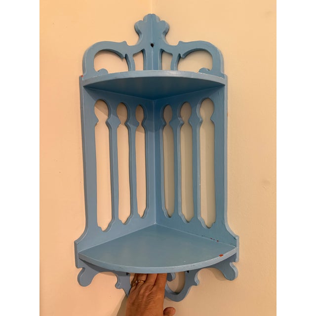 Wood Mid-20th Century Chippendale Style Gingerbread Fretwork Corner Shelf With Distressed Blue Patina For Sale - Image 7 of 10