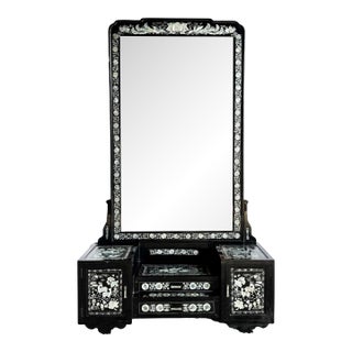 Asian Black Lacquered Mother of Pearl Inlay Vanity/Dressing Cabinet With Mirror For Sale