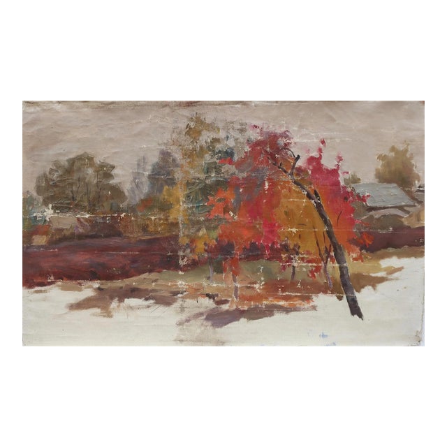 Autumn Landscape Oil Painting, Ukrainian Art (1970) For Sale