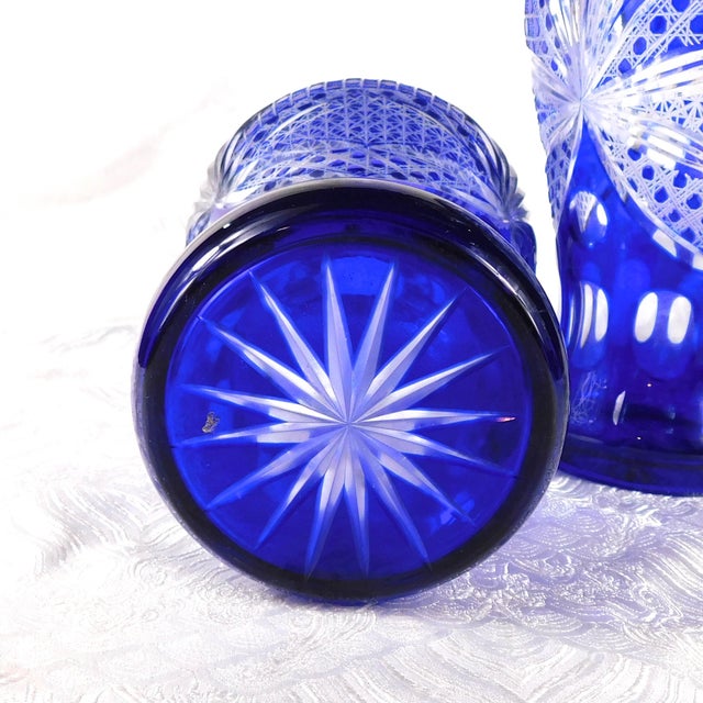 Glass Pair of Two Blue Cut to Clear Vases For Sale - Image 7 of 7