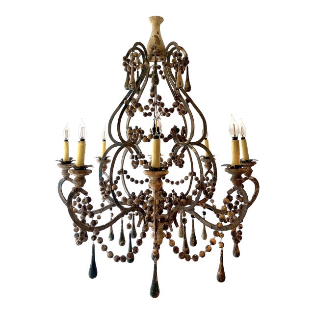Antique French Painted Wooden Bead and Iron Chandelier - 8 Lights For Sale