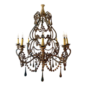 Antique French Painted Wooden Bead and Iron Chandelier - 8 Lights