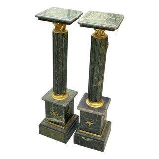 Rococo Style Dark Pedestal Column Set – Marble Top Gold Leaf Pedestals For Sale