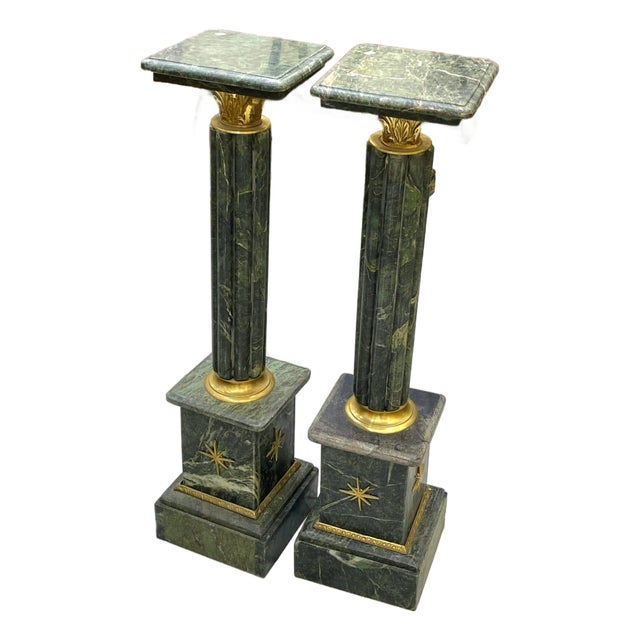 Rococo Style Dark Pedestal Column Set – Marble Top Gold Leaf Pedestals For Sale