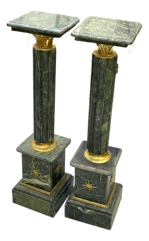 Rococo Style Dark Pedestal Column Set – Marble Top Gold Leaf Pedestals