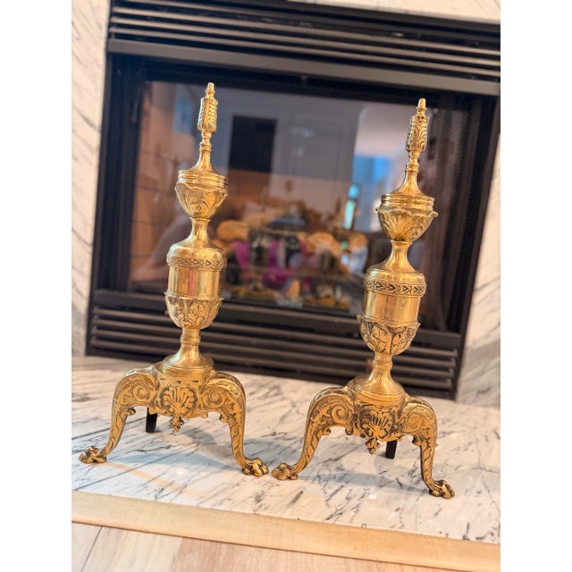 Pair of Vintage Japanese Solid Brass Claw Foot Andirons For Sale - Image 10 of 11