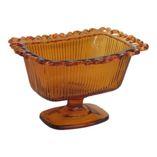 Ftda 1981 Amber Golden Brown Pressed Glass Embossed Pedestal Candy Dish 5088b For Sale
