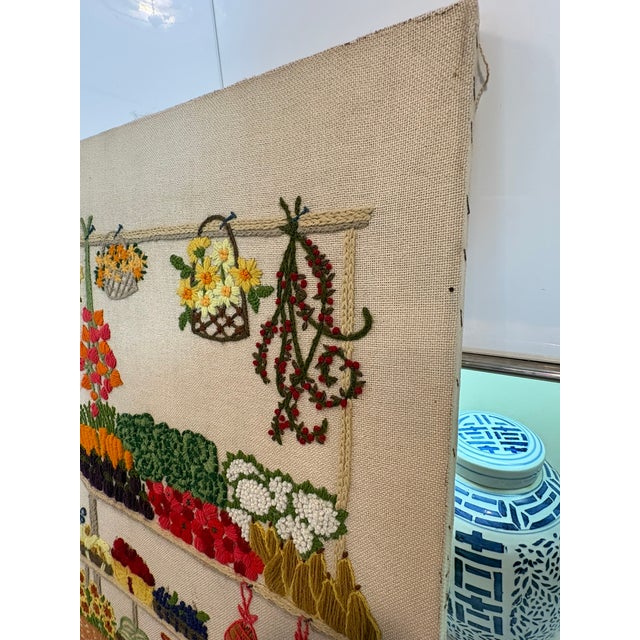 Vintage Nancy Meyers Style Crewel Embroidered Farmers Garden Market Still Life Wall Art For Sale In Miami - Image 6 of 14