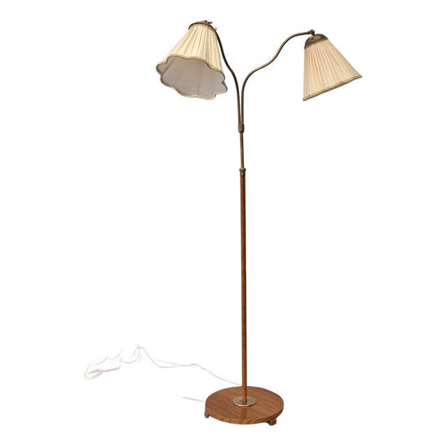 Swedish Modern Floor Lamp in Brass and Teak, Sweden, 1930s For Sale