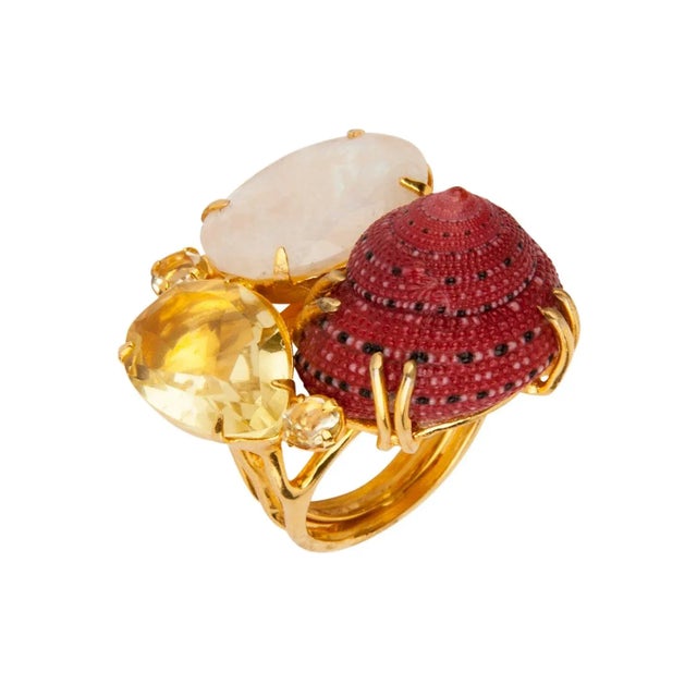 The Natasha Ring is a mesmerizing creation, featuring semi-precious stones arranged in a cluster with sea shell and...