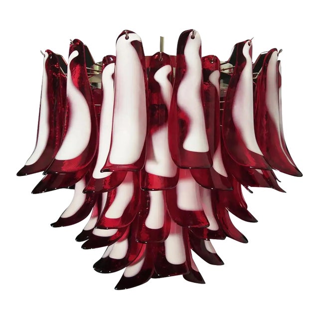 Italian Murano Chandelier – Mazzega – 53 Red Lattimo Glass Petals For Sale