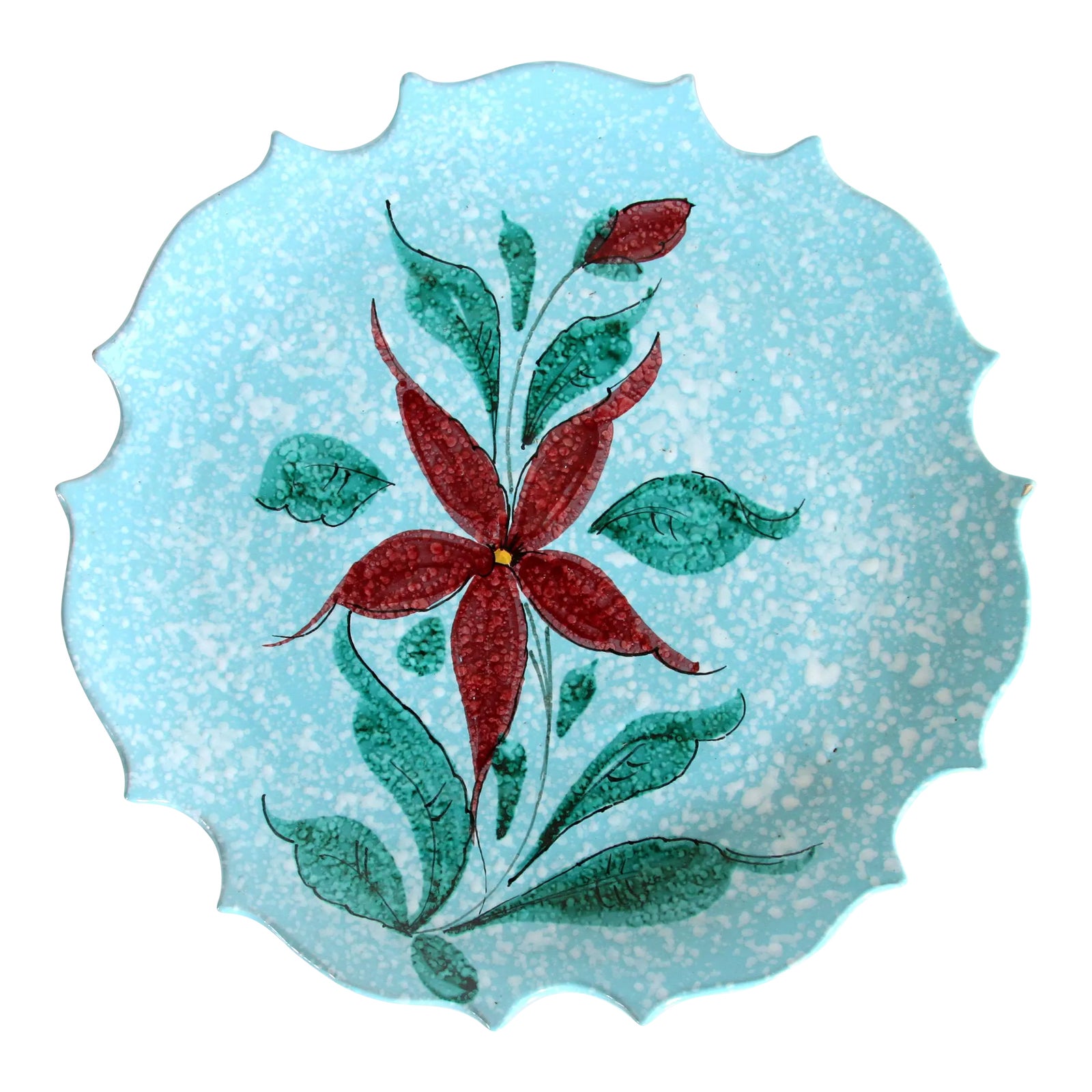 Vintage Hand Painted Turquoise Blue Italian Ceramic Floral Platter / Charger