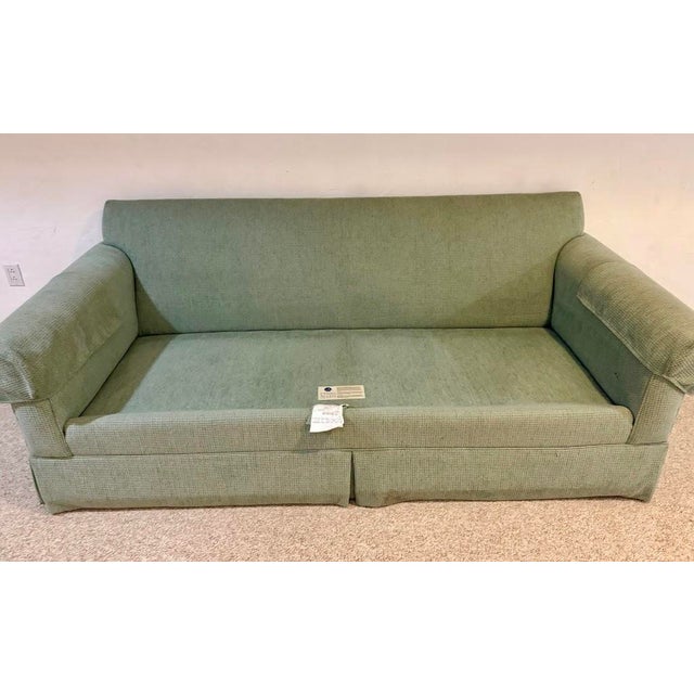 Aqua Ethan Allen Classic Rolled Arm Skirted Sofa in Aqua Texturized Woven Fabric For Sale - Image 8 of 12