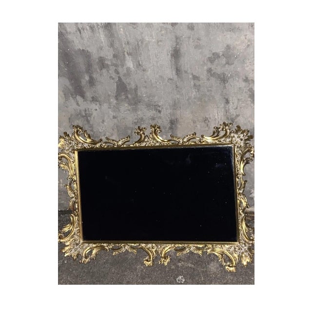 Gold Ornate Gilt Metal Framed Mirrored Vanity Tray With Rococo-Detailing. Ornate Rococo-Style Gilded Cast Metal Table Mirror. For Sale - Image 8 of 11