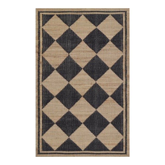 Erin Gates by Momeni Orchard Court Checker Black Hand Woven Wool and Jute Area Rug 5' X 8' For Sale
