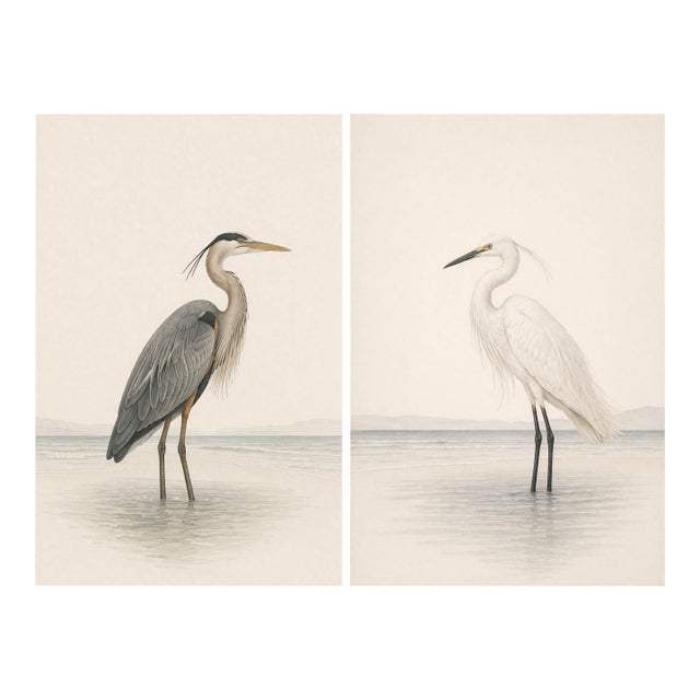 Coastal Heron & Egret Diptych, Neutral Shorebird Art Print Set, 16" X 24" For Sale