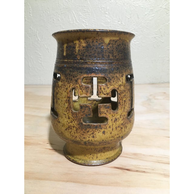 1970s Brutalist Ceramic Reticulated Cross Candle Holder For Sale - Image 6 of 6