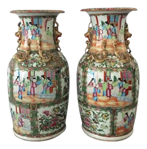 Chinese Export Rose Medallion Tall Vases - a Pair