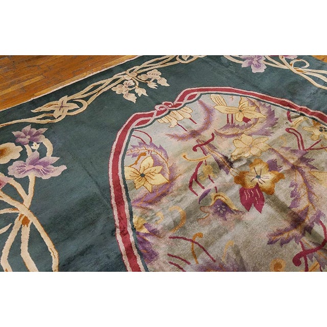 Early 20th Century 1920s Green Floral Medallion Antique Chinese Art Deco Rug 9' X 11'9" Handknotted Wool Carpet For Sale - Image 5 of 6