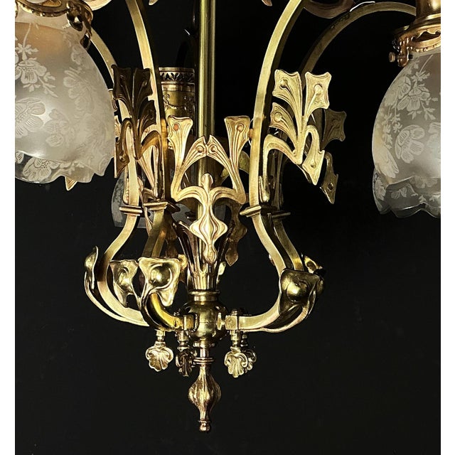 Antique Art Nouveau Chandelier in Brass and Bronze, 1890s For Sale - Image 5 of 13
