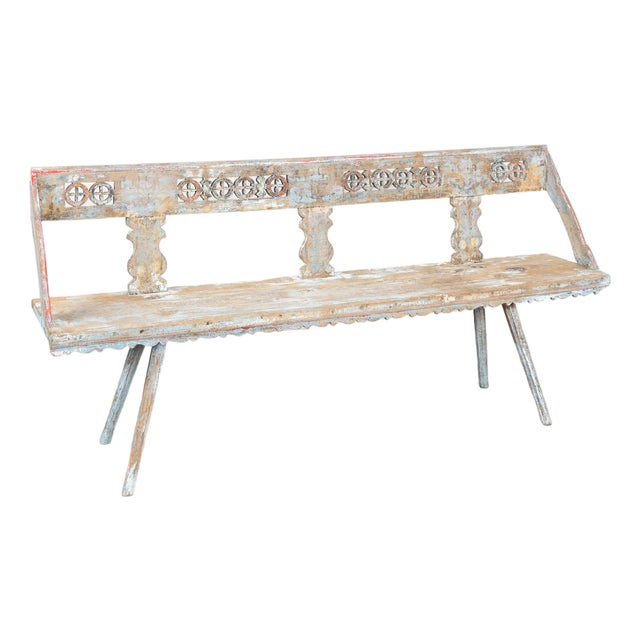 19th Century Hungarian Original Hand Painted Peg-Leg Oak Bench For Sale