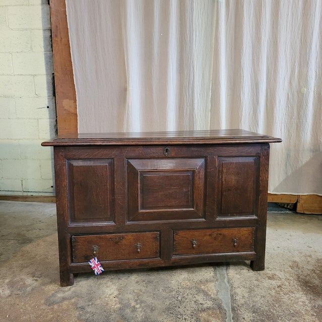 Gothic 18th Century Period Oak Mule Chest/Trunk With Paneled Front and 2 Drawer Base For Sale - Image 3 of 12