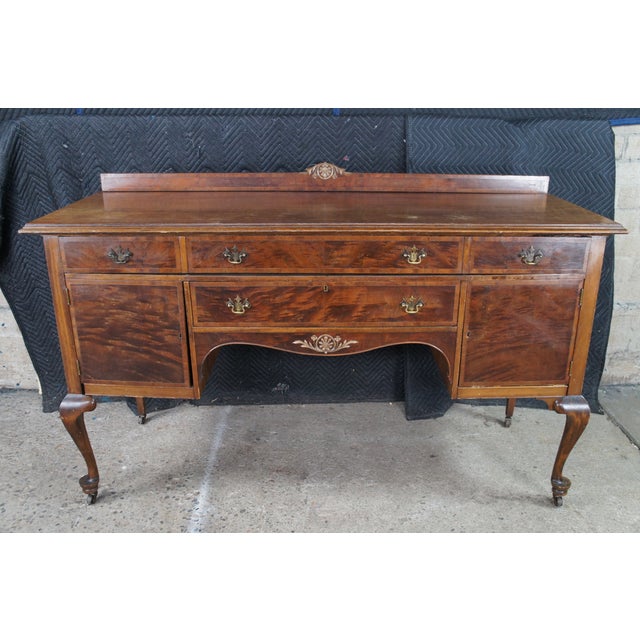 Antique French Country Queen Anne Style Mahogany Burl Buffet Sideboard Server For Sale - Image 14 of 18