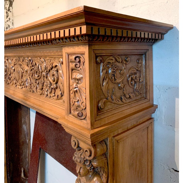 Wood Renaissance Revival Style Carved Oak Mantel With Eagles, Rams Heads, Mermaids, Cherubim and "Green Men" For Sale - Image 7 of 9