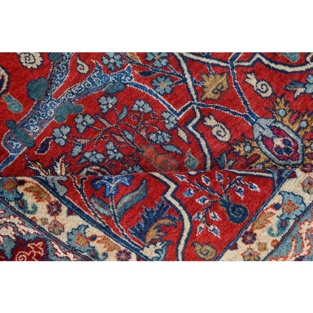 One-of-a-Kind Antique Persian Tehran Botanic Red, Blue Handmade Wool Rug For Sale - Image 4 of 9