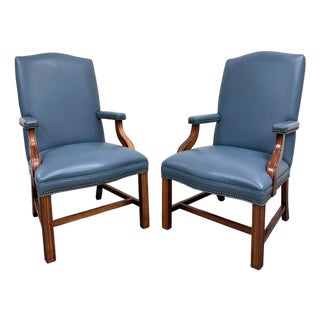 Vintage Chippendale Style Blue Leather and Nailhead Executive Armchairs - Pair For Sale