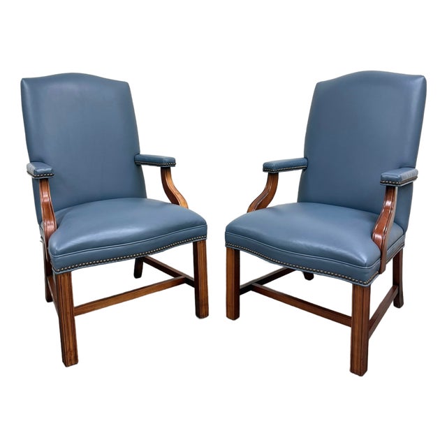 Vintage Chippendale Style Blue Leather and Nailhead Executive Armchairs - Pair For Sale