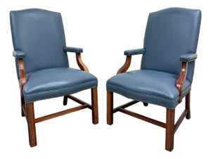 Vintage Chippendale Style Blue Leather and Nailhead Executive Armchairs - Pair